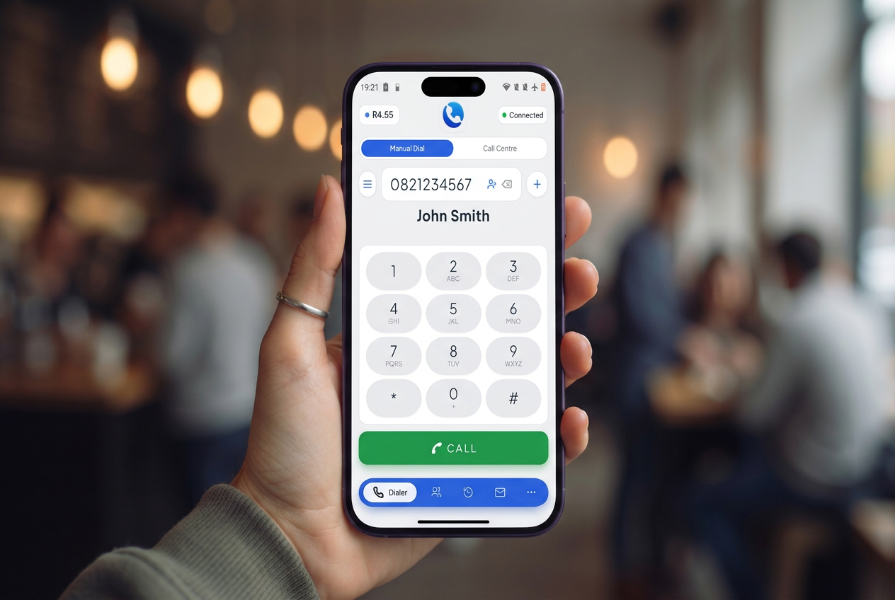 Hand holding an iPhone running the DialUp softphone dialer